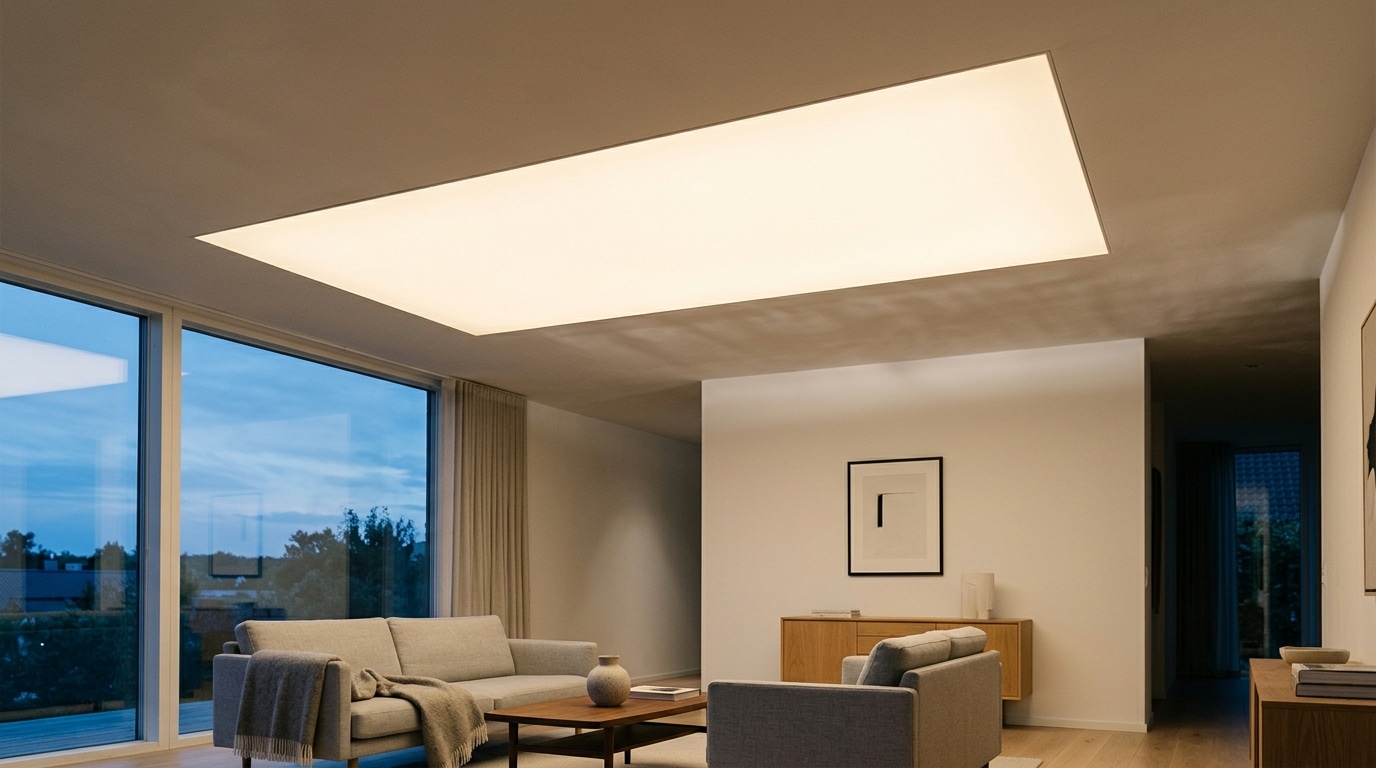 Panneau lumineux plat intégré au plafond d'un salon