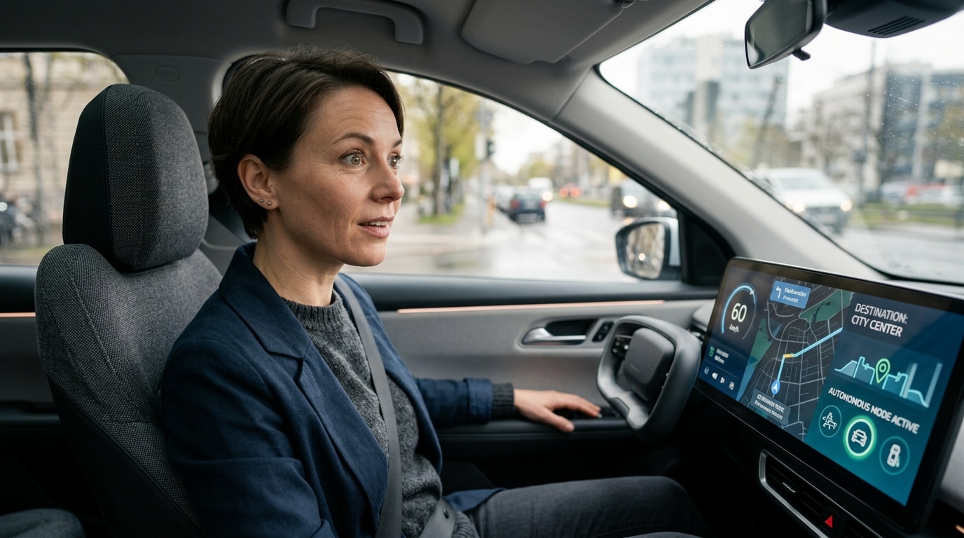 Passager fasciné devant l'écran d'un véhicule autonome