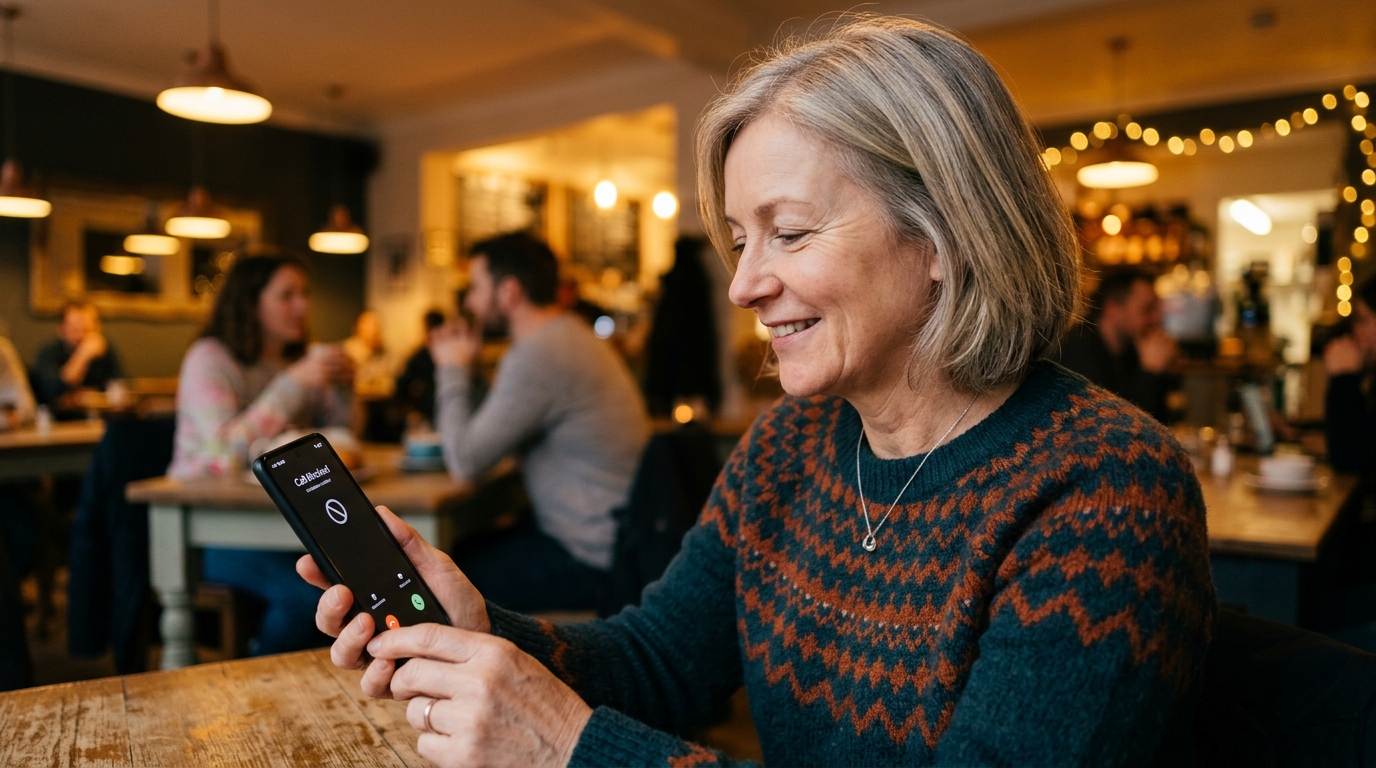 Femme soulagée consultant son téléphone après un appel bloqué