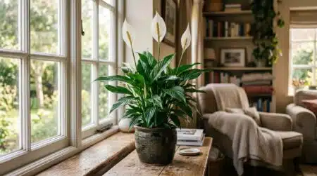 Spathiphyllum en pot avec fleurs blanches près d'une fenêtre