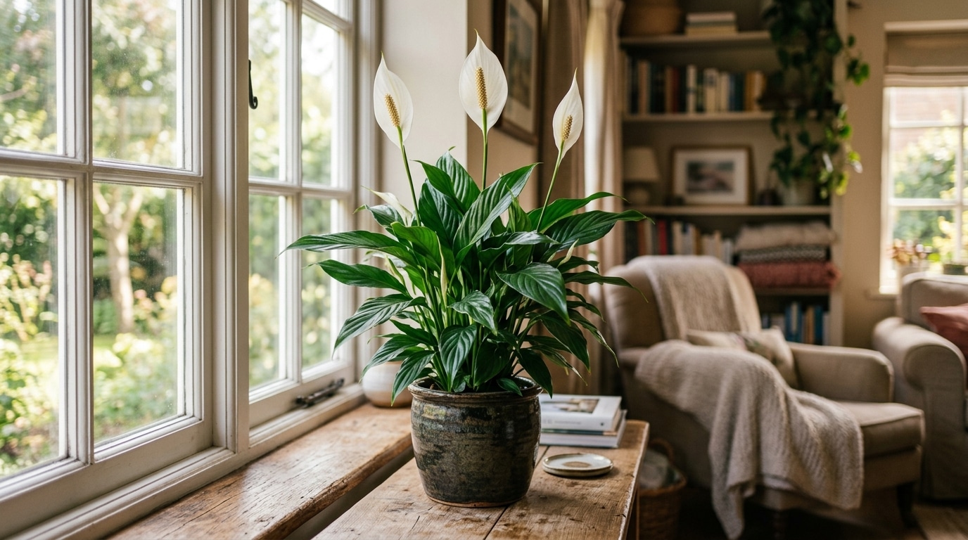Spathiphyllum en pot avec fleurs blanches près d'une fenêtre