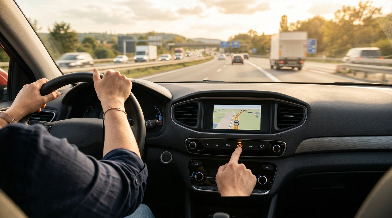 Main réglant le bouton de recirculation d'air en voiture