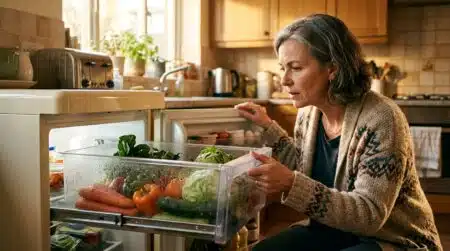 Femme ouvrant un bac à légumes humide au frigo