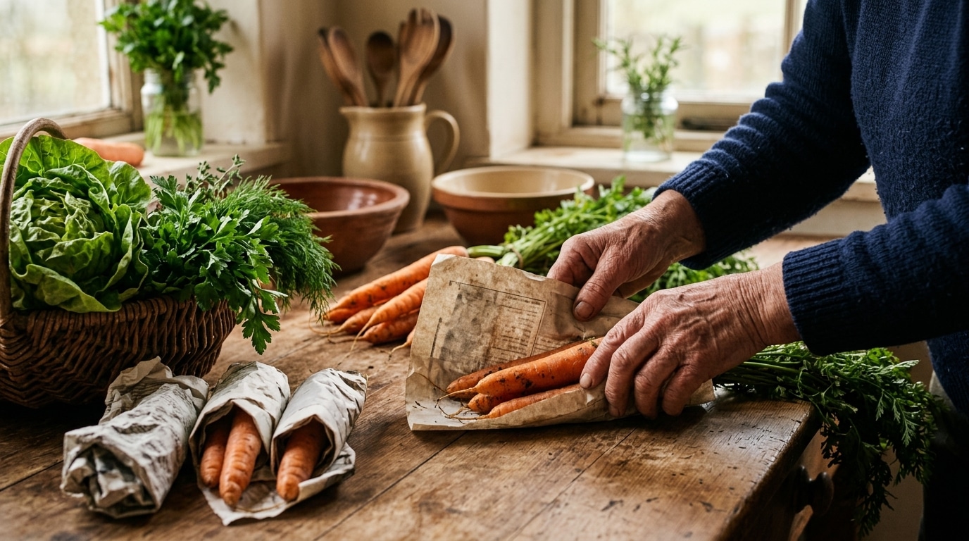 Mains enveloppant des carottes dans du papier journal