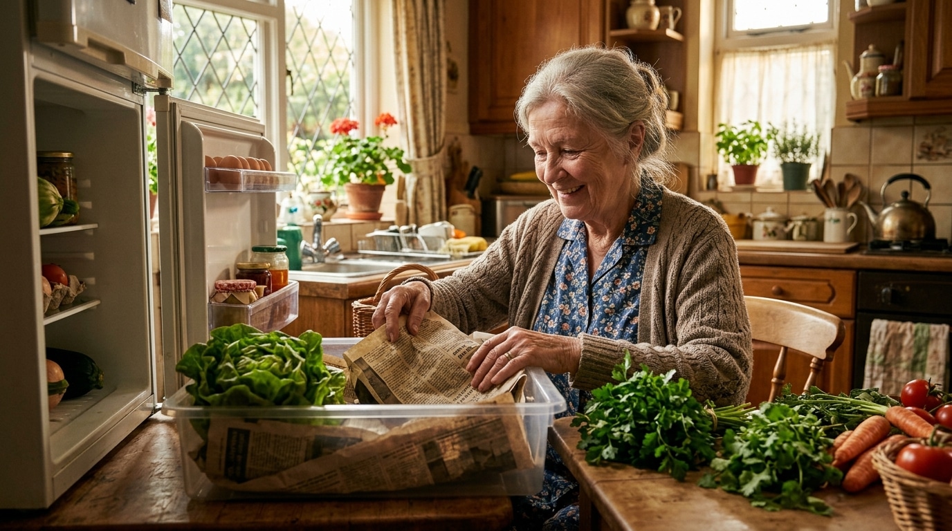 Grand-mère tapissant le bac à légumes de papier journal