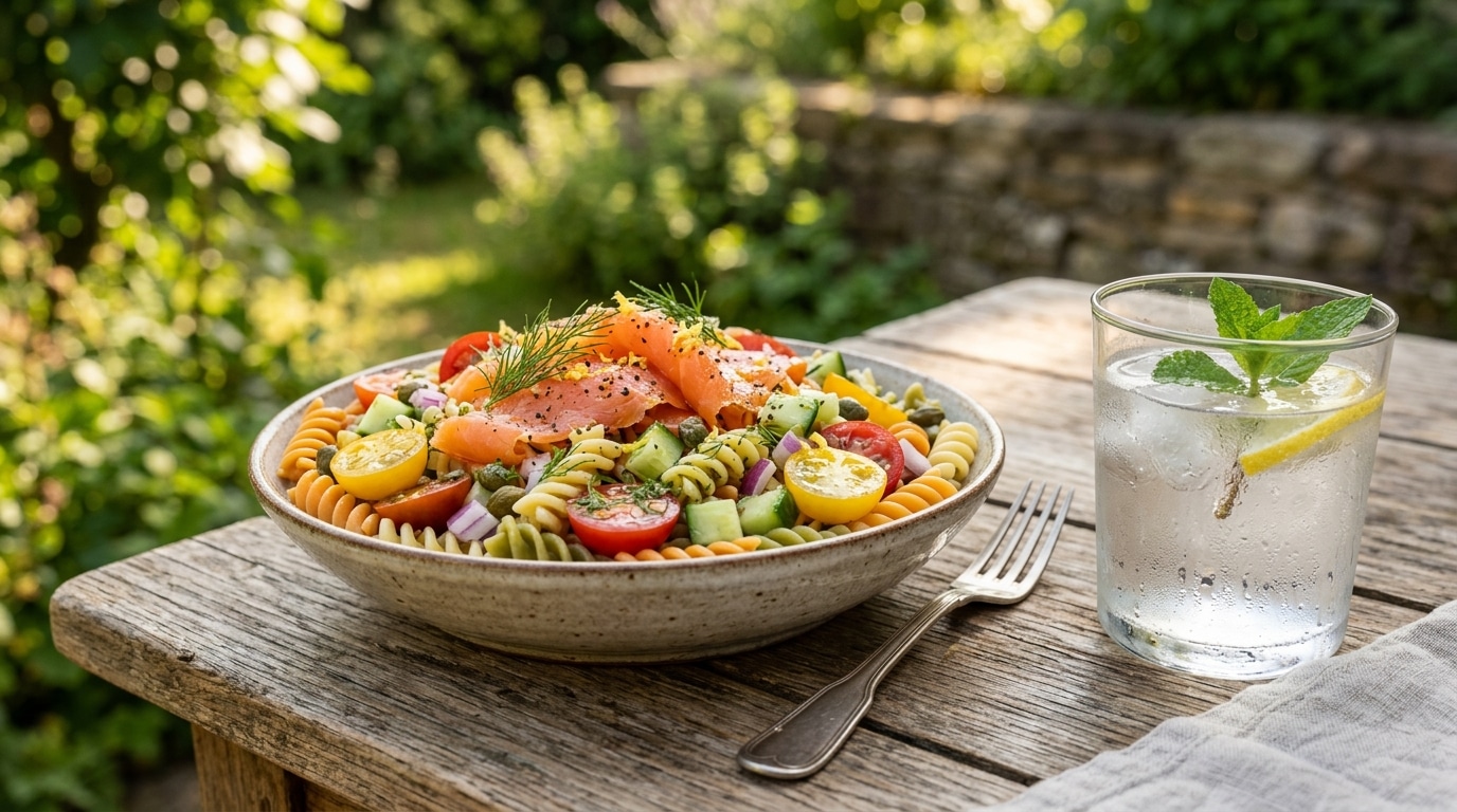 Salade de pâtes fraîche au saumon fumé et légumes