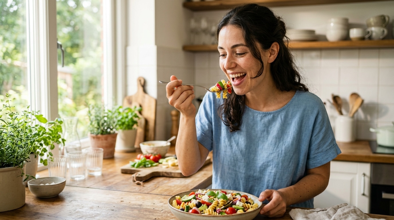Femme souriante goûtant une salade de pâtes légère