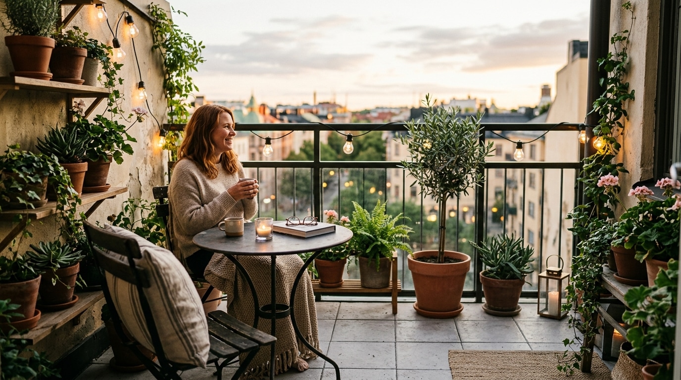 Balcon aménagé avec dalles claires et plantes
