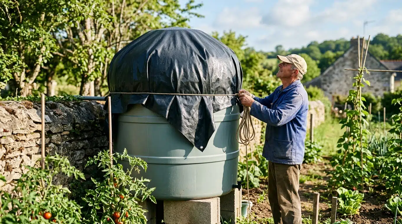 Cette bâche sombre que mon voisin pose chaque juin sur son récupérateur d'eau évite une eau verte en 5 jours