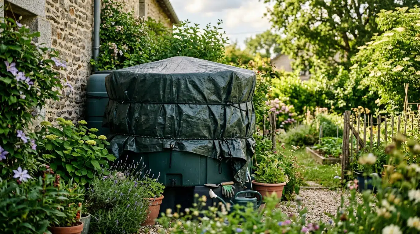 Cette bâche sombre que mon voisin pose chaque juin sur son récupérateur d'eau évite une eau verte en 5 jours