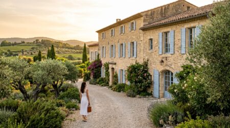 Bastide provençale en pierre avec volets bleus au coucher du soleil