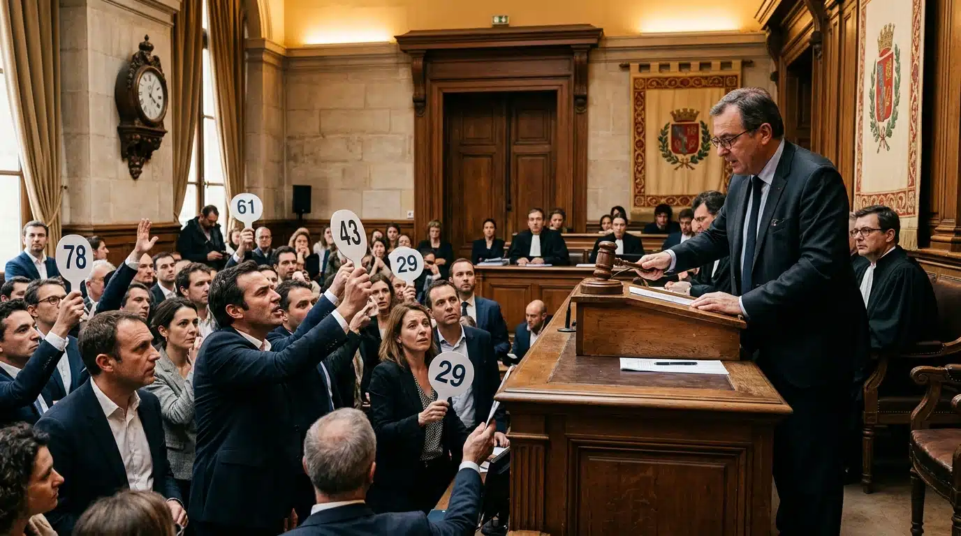 Vente aux enchères judiciaire dans une salle de tribunal