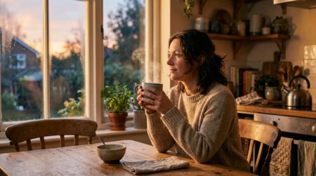 Femme buvant un café tôt le matin dans sa cuisine