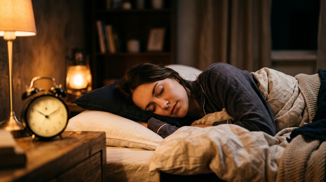 Personne endormie la nuit dans une chambre douillette
