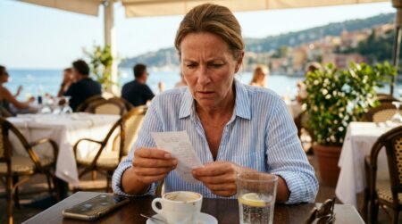Touriste examinant une addition de restaurant avec suspicion