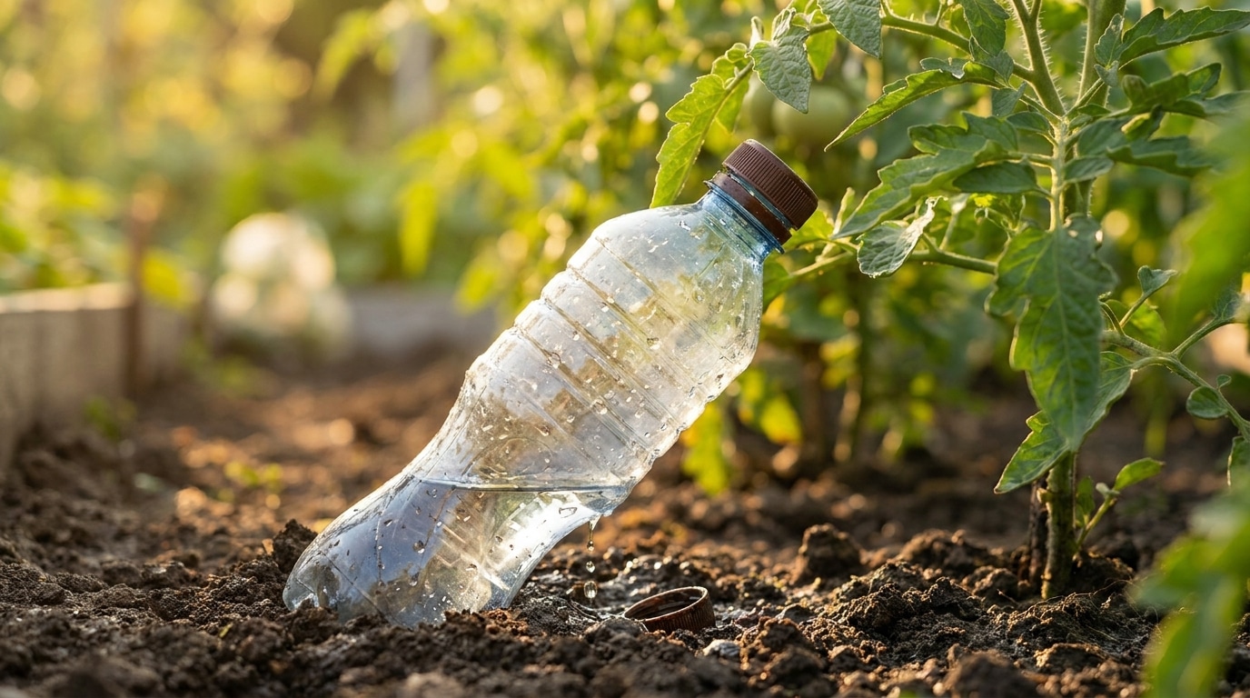 Bouteille en plastique enterrée au pied d'un plant de tomate dans un jardin