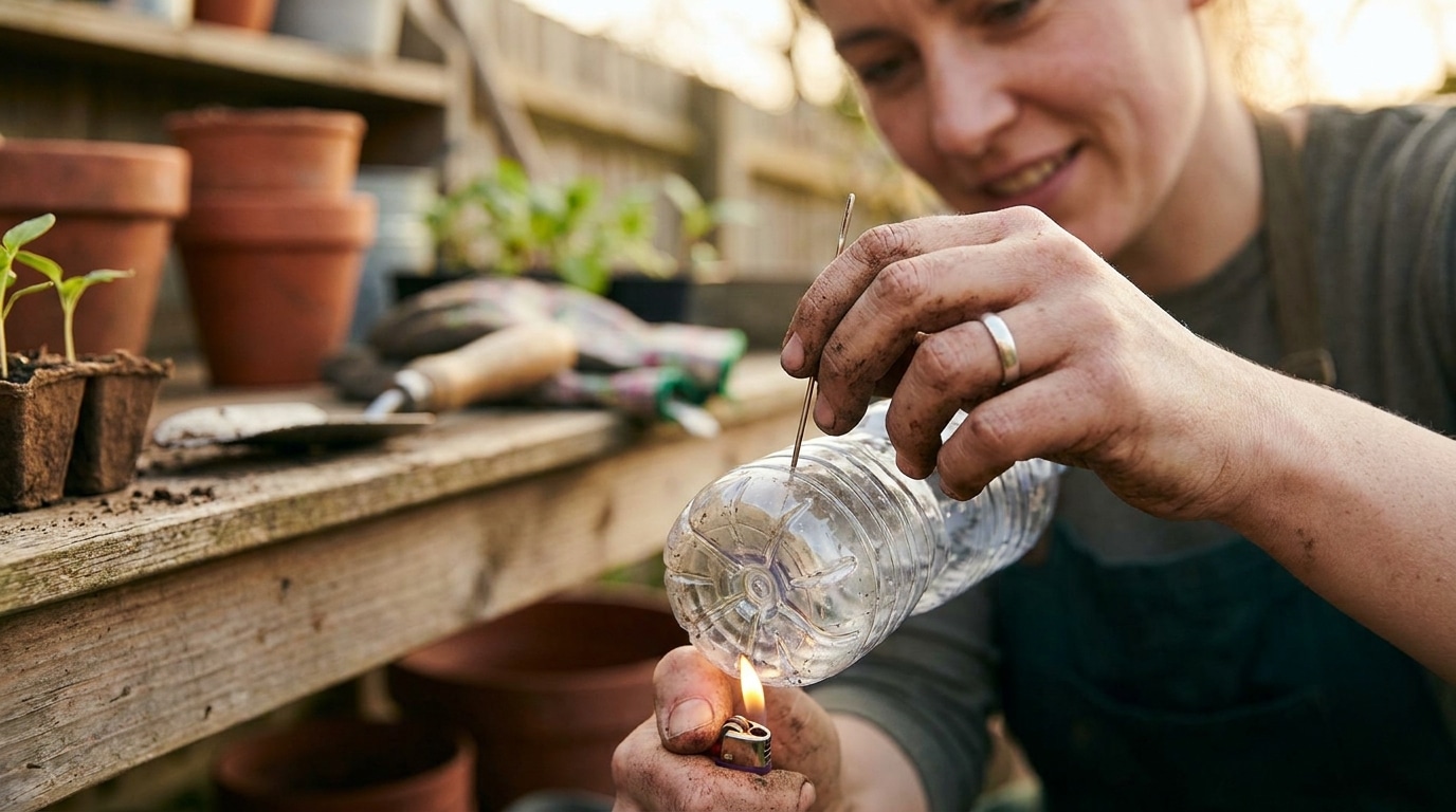 Mains perçant des trous dans une bouteille plastique avec une aiguille chauffée
