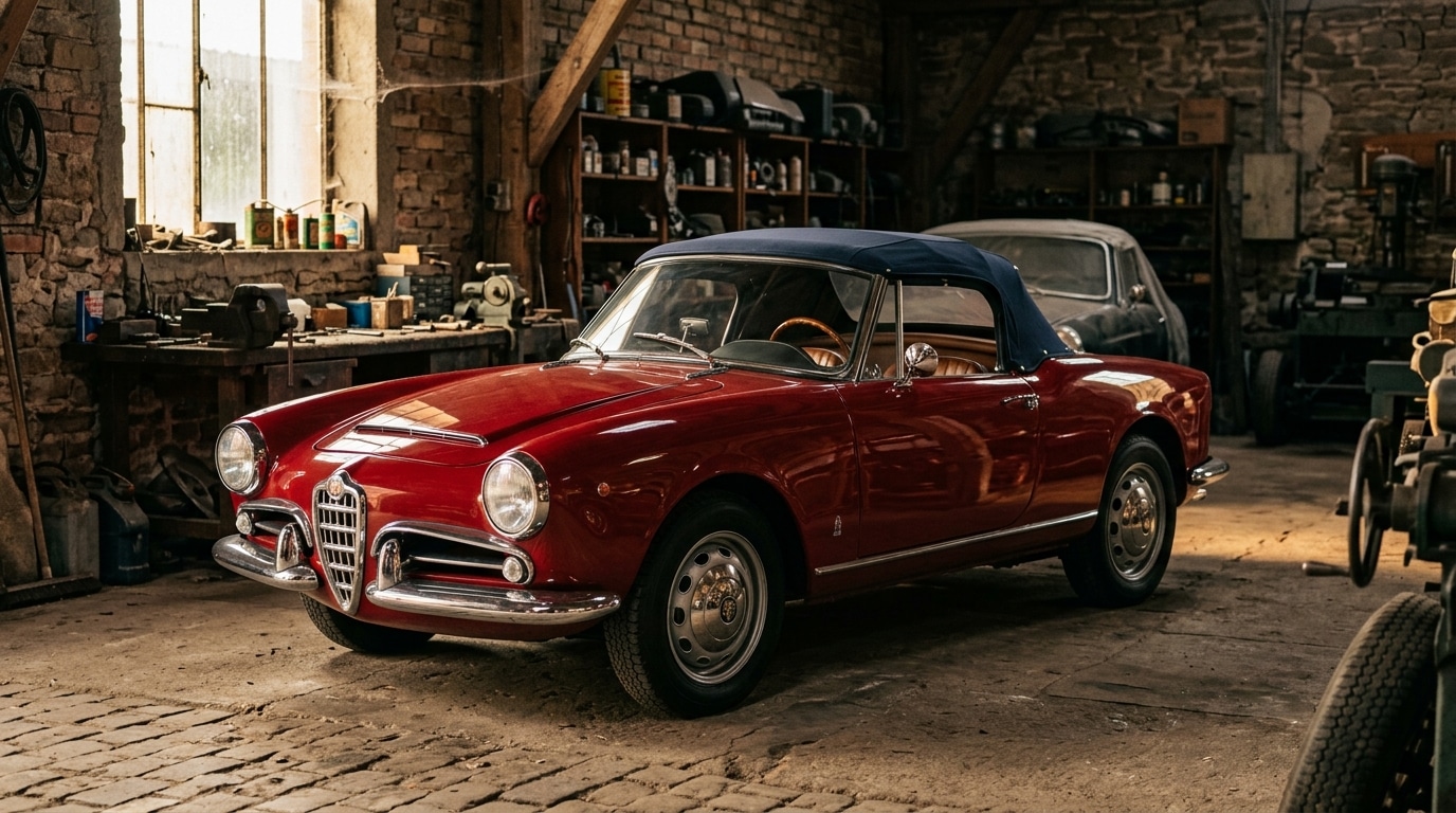 Roadster italien vintage à calandre chromée en atelier