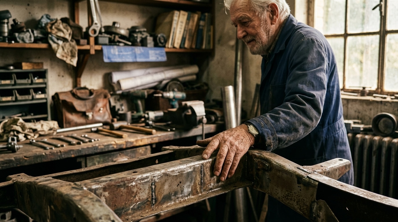 Mains posées sur un châssis de voiture ancien nu