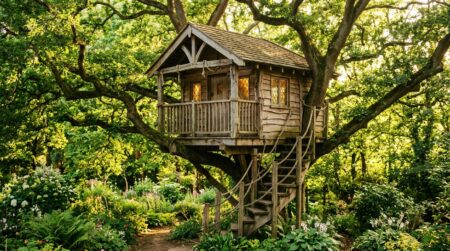 Cabane en bois installée entre les branches d'un jardin