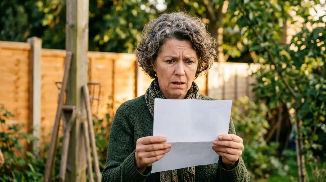 Adulte inquiet tenant un courrier administratif dans un jardin