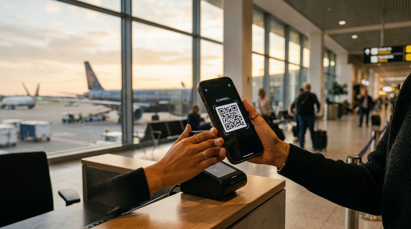 Main tenant un smartphone scannant un QR code à l'aéroport