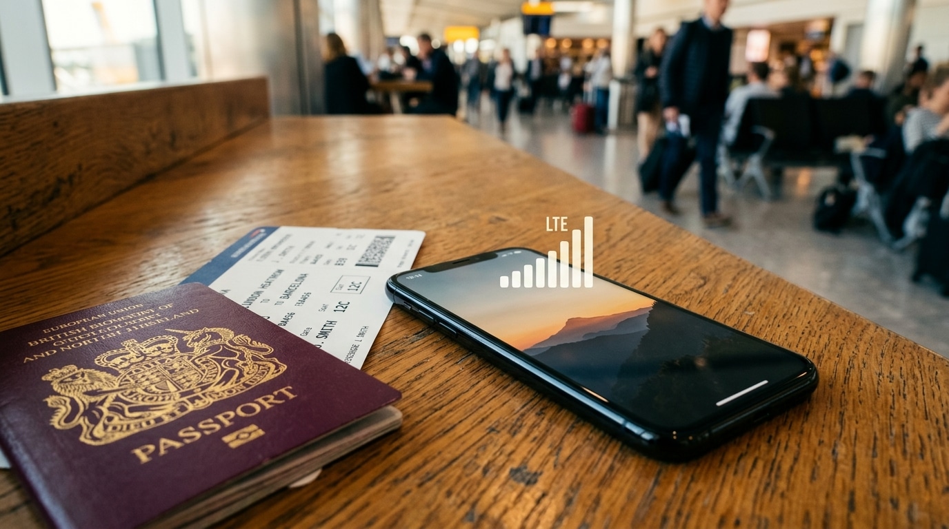 Smartphone avec signal réseau connecté près d'un passeport