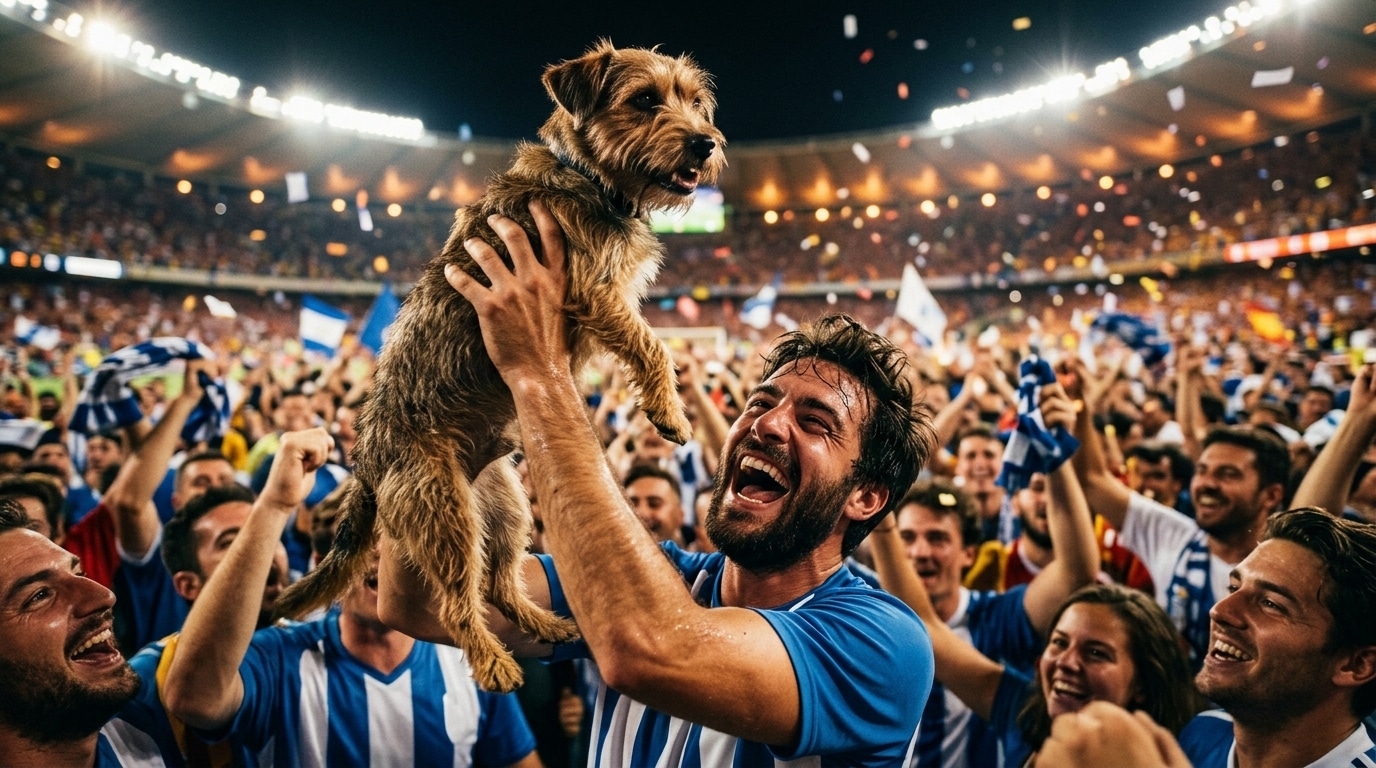 Supporter soulevant un petit chien dans un stade