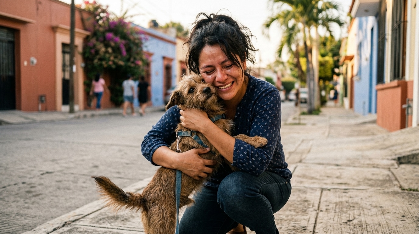 Femme retrouvant son chien avec émotion dans la rue