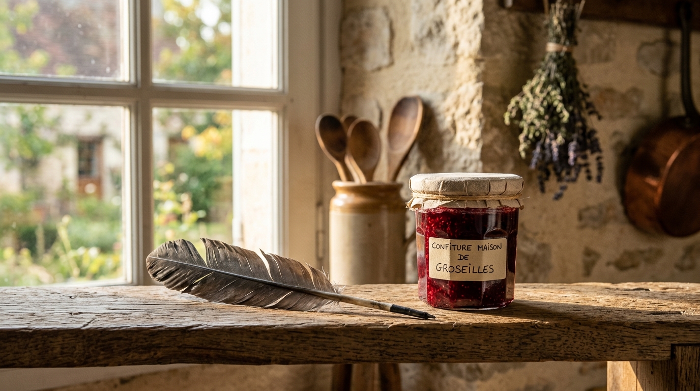 Pot de confiture de groseille rare avec plume d'oie