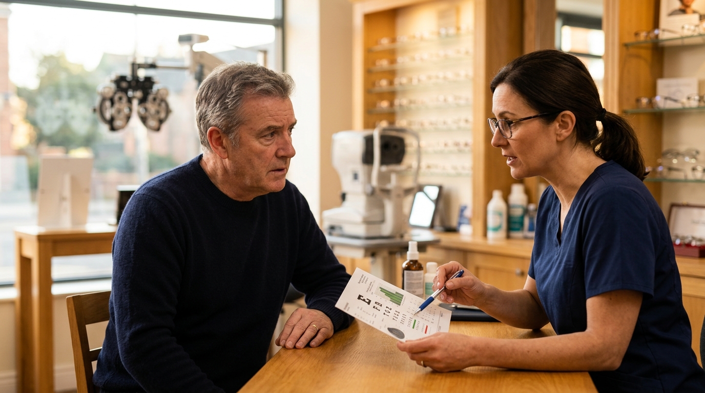 Opticien expliquant un résultat de test de vue à un patient