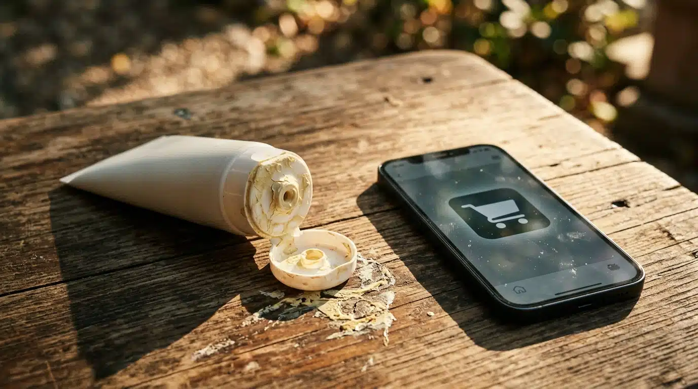 Tube de crème solaire ouvert près d'un smartphone