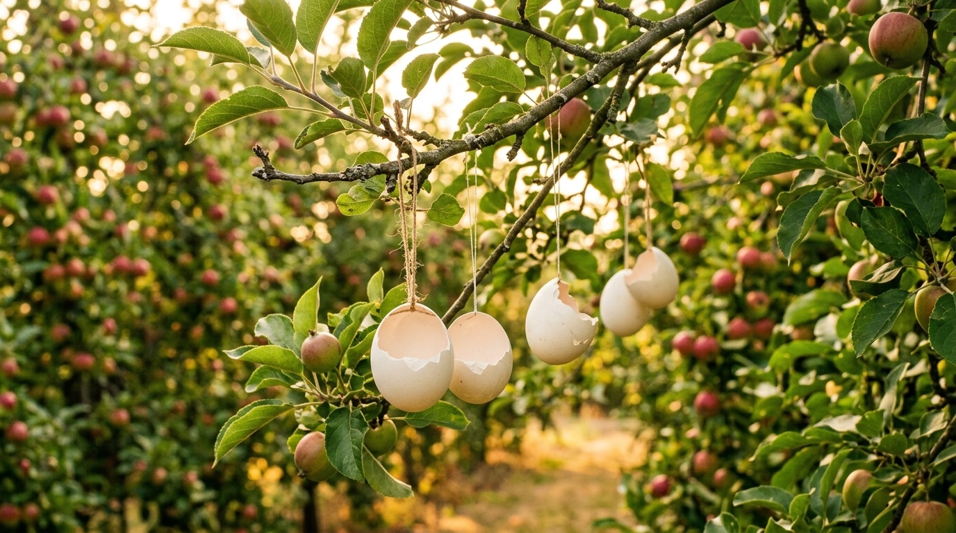 Coquilles d'œufs suspendues aux branches d'un pommier