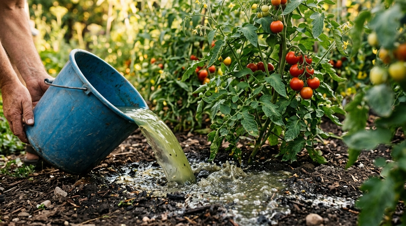 Eau d'aquarium versée sur un pied de tomates au jardin