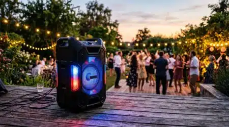 Enceinte JBL noire avec éclairage stroboscopique sur terrasse