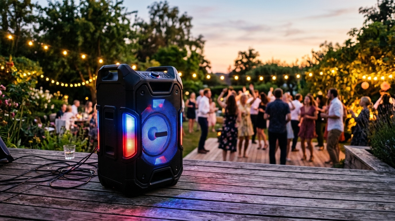 Enceinte JBL noire avec éclairage stroboscopique sur terrasse