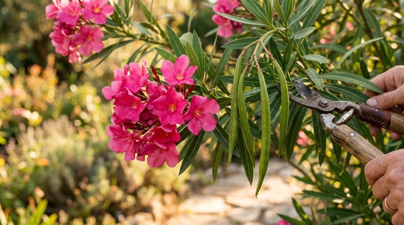 Gousses vertes allongées sur un laurier-rose fleuri