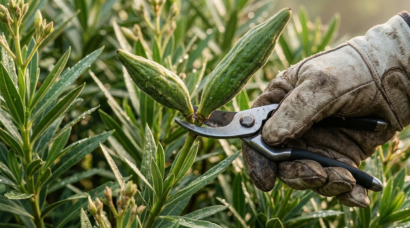 Sécateur coupant une gousse verte de laurier-rose