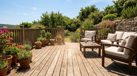 Terrasse en bois vide sous un soleil de plomb
