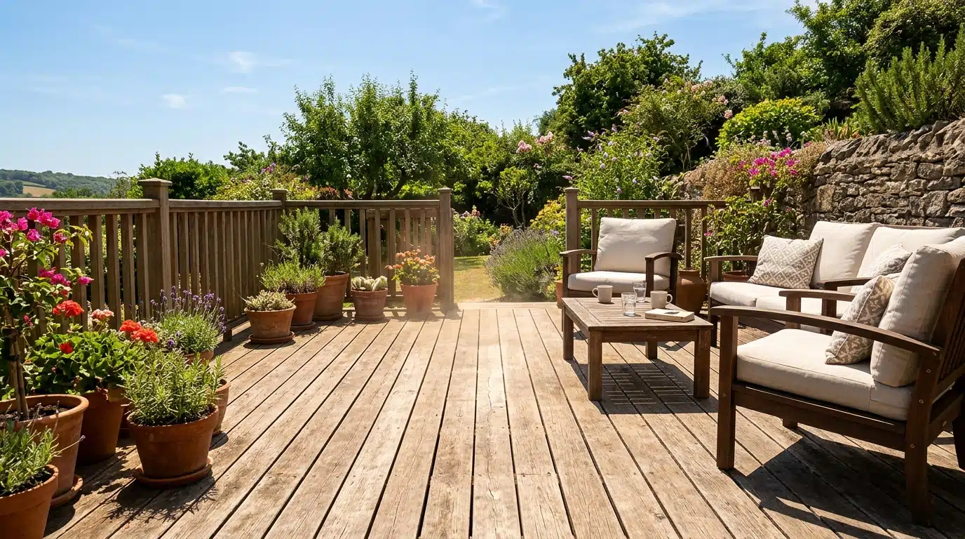 Terrasse en bois vide sous un soleil de plomb