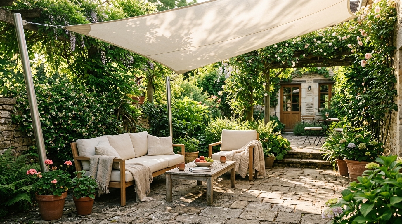 Terrasse ombragée avec voile et plantes grimpantes