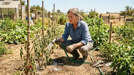 Jardinier arrosant des tomates en plein soleil de midi