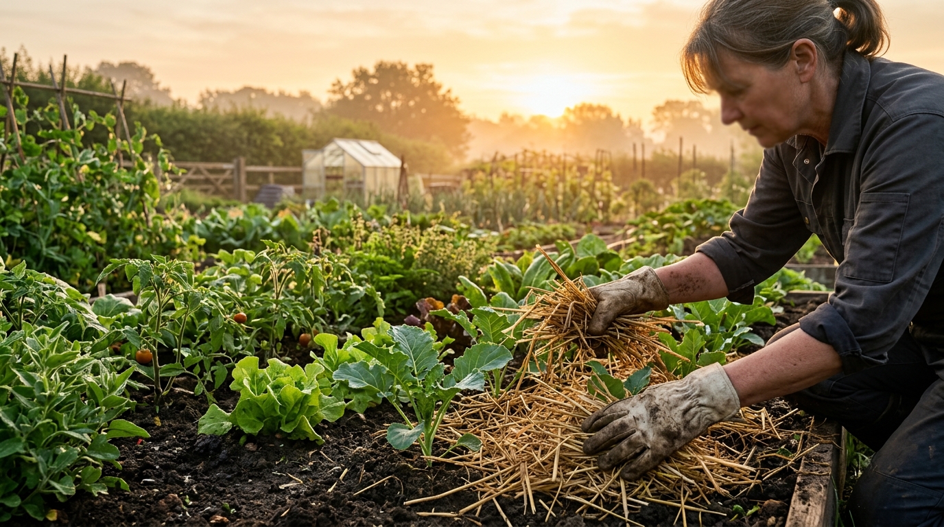 Mains appliquant du paillage autour des plants de légumes