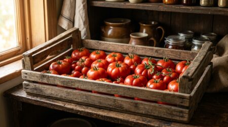 Tomates rangées en une couche dans une cagette en bois