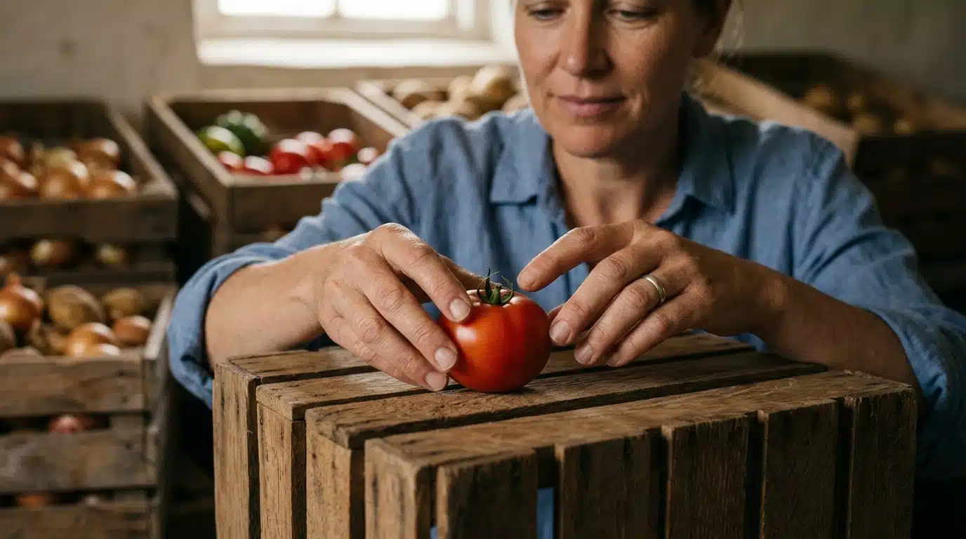 Mains posant une tomate pédoncule vers le bas