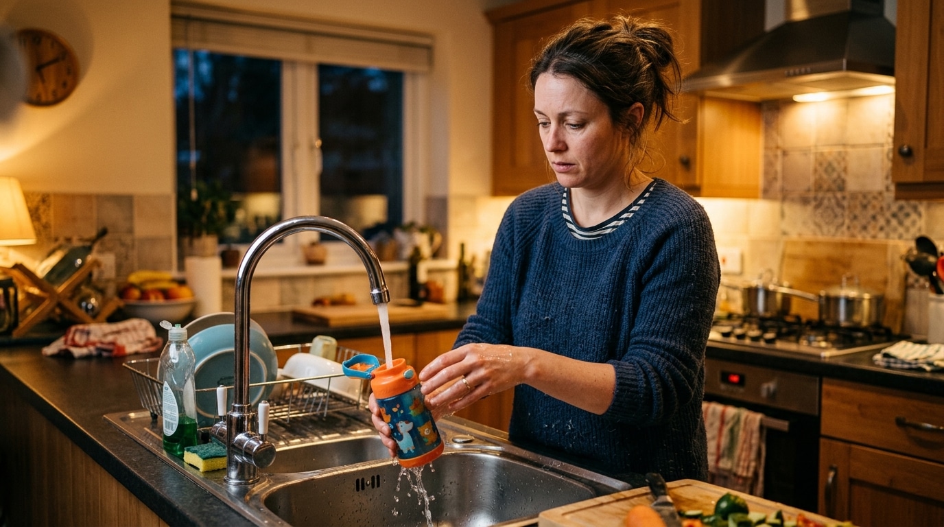Parent rinçant rapidement une gourde d'enfant au robinet