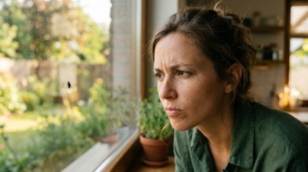 Femme agacée regardant une mouche sur une vitre