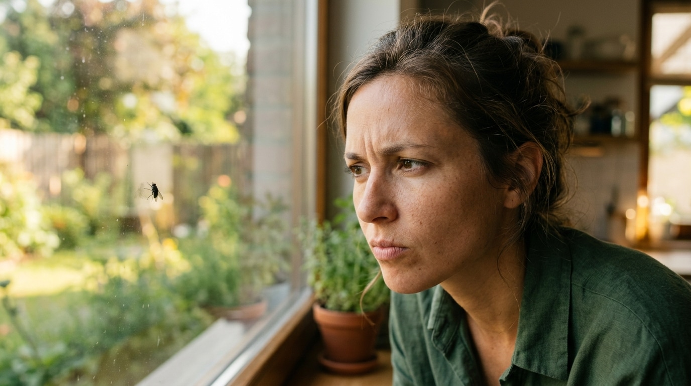 Femme agacée regardant une mouche sur une vitre
