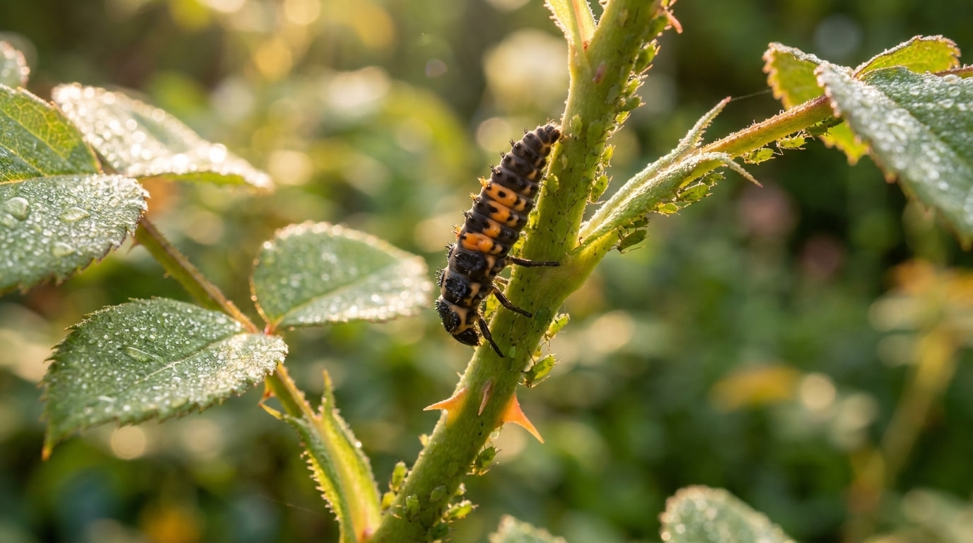Larve de coccinelle chassant des pucerons sur un rosier