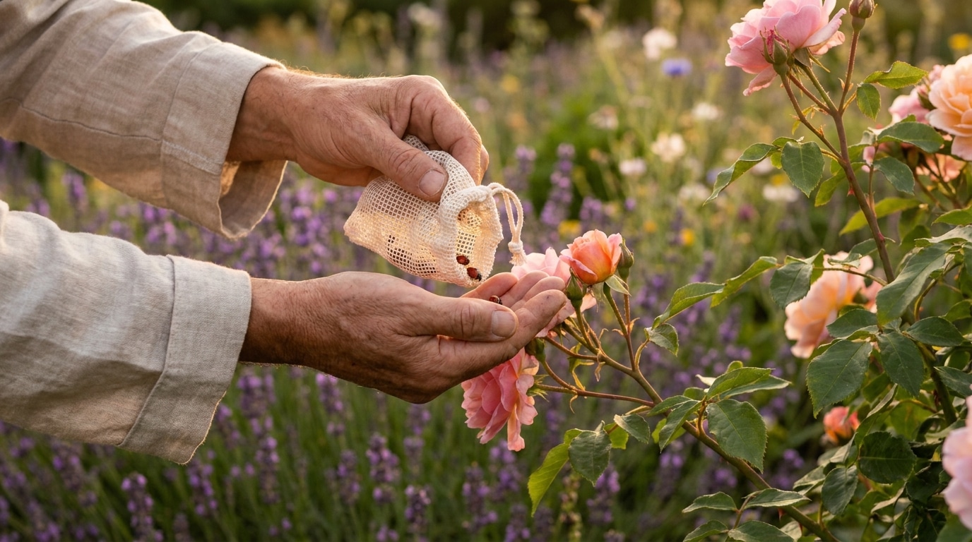 Mains déposant des coccinelles sur un rosier au crépuscule